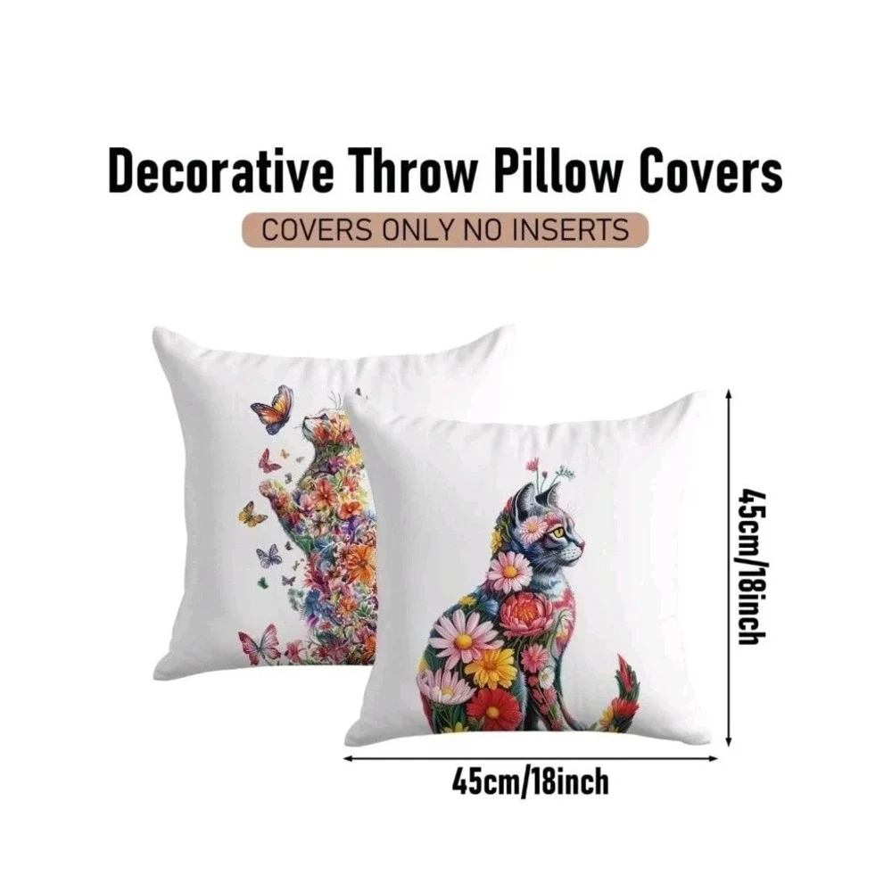 Colorful Floral Cat Pillow Covers 18X18, Gifts for Cat Lovers Mom Lady Owners